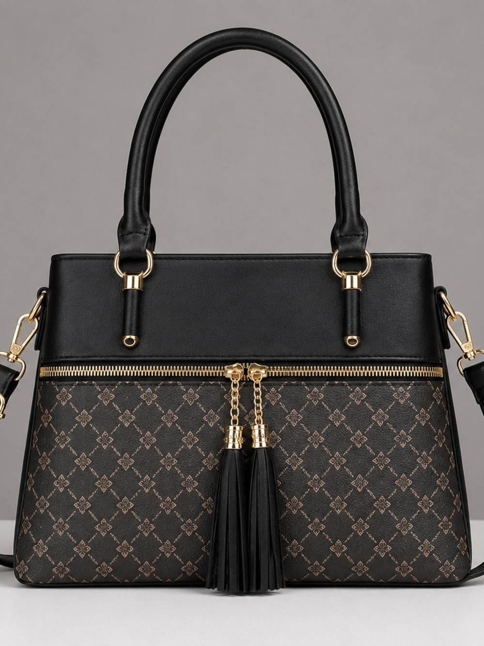 Women’s Black Satchel Handbag Crossbody Purse Gold Hardware Tassel 3 Compartment